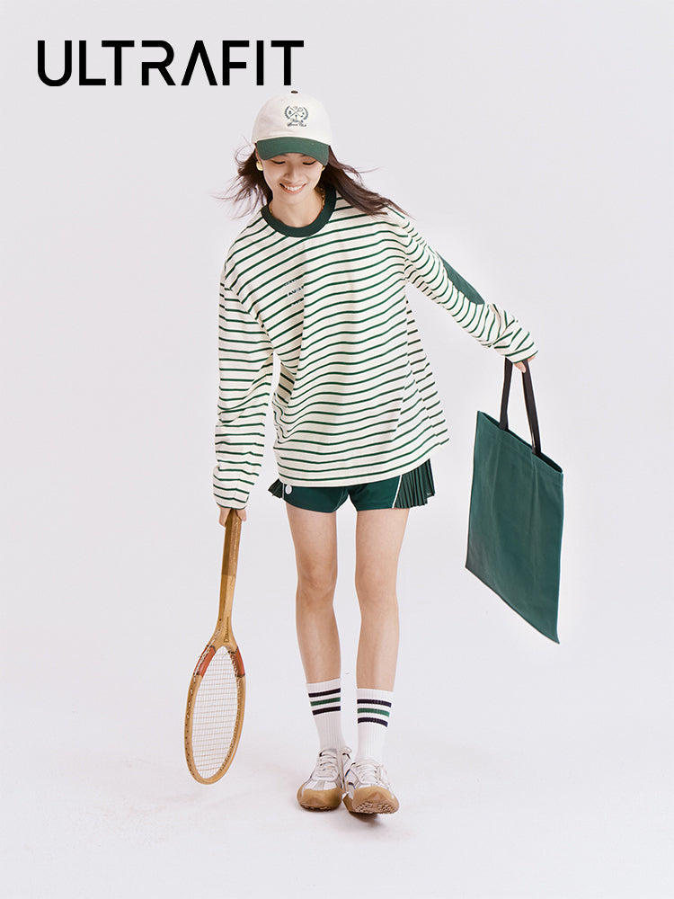 Long-Sleeved Green & White Tennis Top
