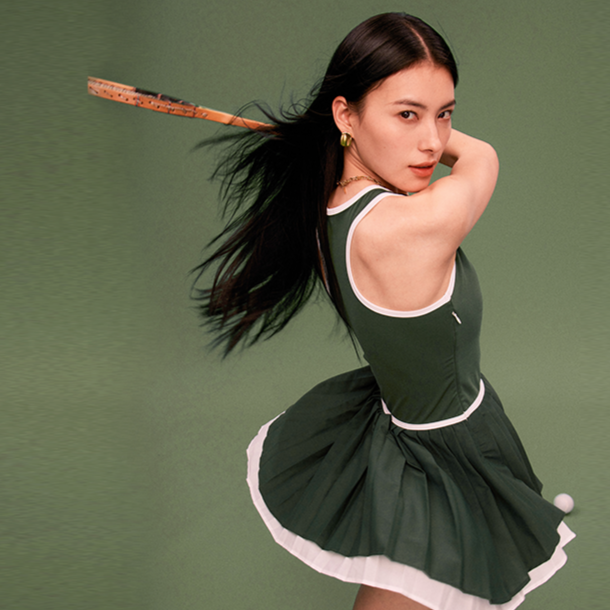 Green and White Double-Layer Pleated Dress