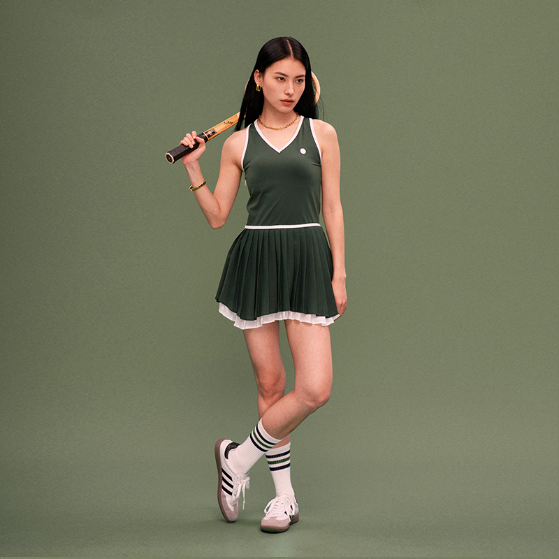 Green and White Double-Layer Pleated Dress