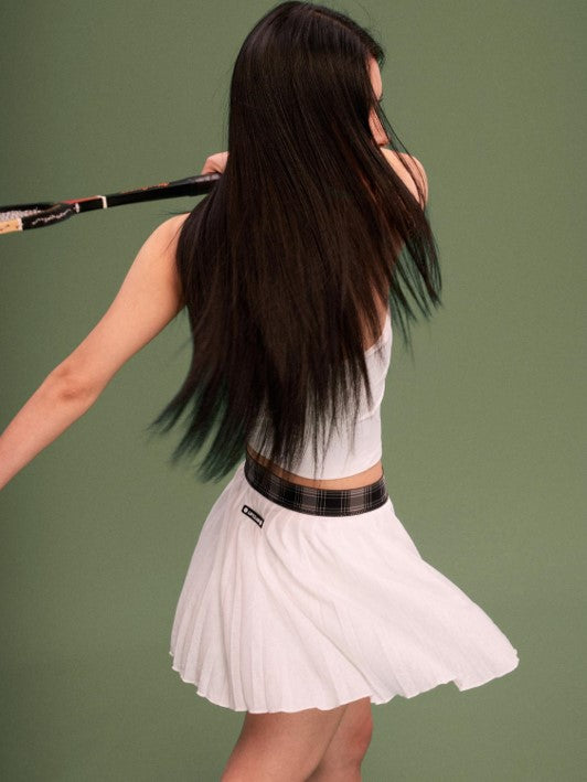 White Pleated Skirt with Textured Finish and Plaid-Pattern Waistband