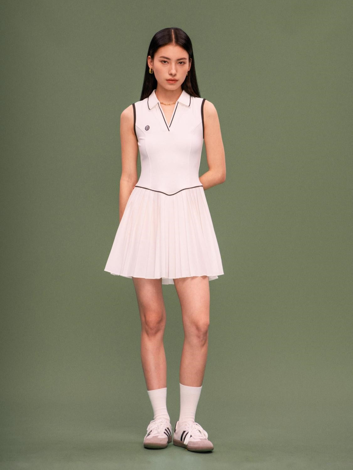 White Pleated Dress with Polo Collar