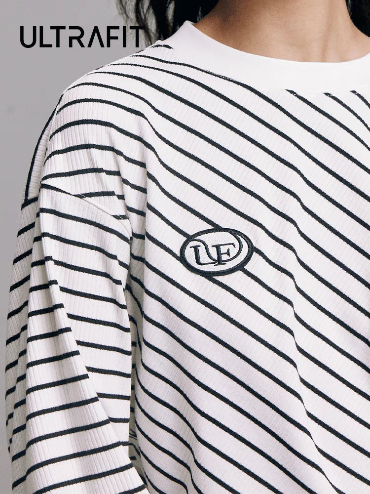 Black and White Striped Crew Neck Loose Top