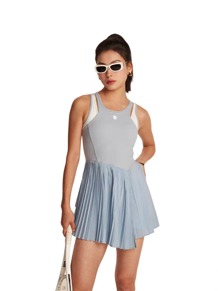Light Blue and White Cutout Pleated Tennis Dress