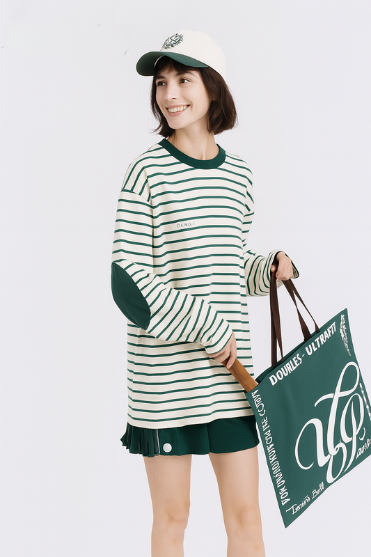 Long-Sleeved Green & White Tennis Top