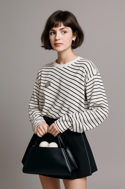 Black and White Striped Crew Neck Loose Top